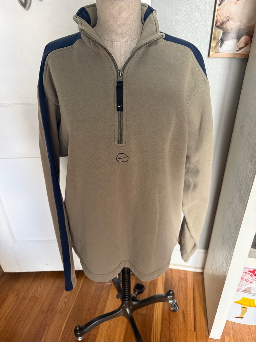 Nike Men's Olive Quarter-Zip Sweater with Navy Shoulder Stripe